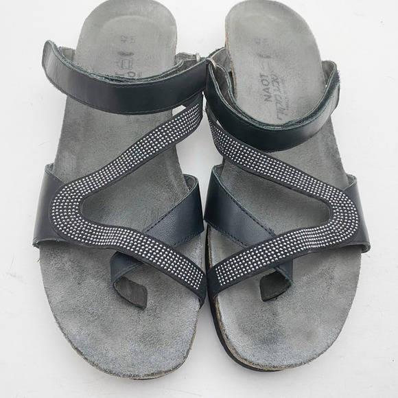 Naot Giovanni Black Leather Slides Sandals Women 11 EU 42 Crystal Studded Wedge - Picture 2 of 7